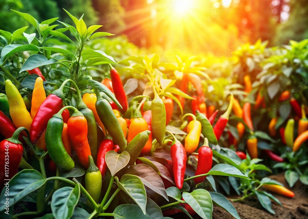 Fototapeta premium Panoramic View of Lush Chili Peppers Growing in a Home Garden