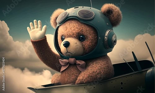 A cute teddy bear sits in a small airplane surrounded by fluffy clouds