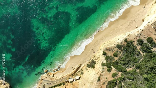 aerial view of Benagil Algarve beaches, portugal during sunset