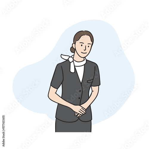 a female flight attendant who greets her with her hands neatly together