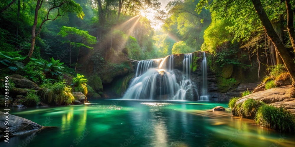 Panoramic View of Majestic Waterfall Cascading Through Lush Forest Panoramic View of Majestic Waterfall Cascading Through Lush Forest