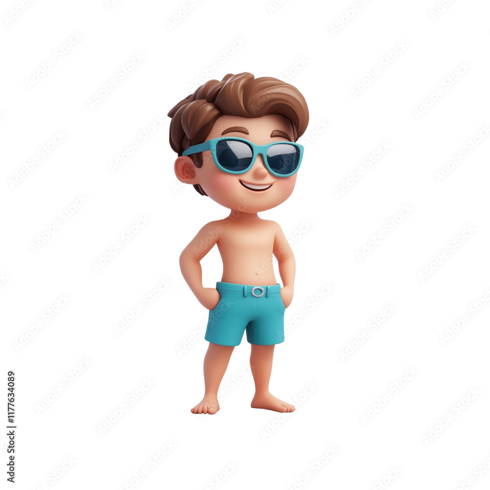 Cute 3D cartoon beach boy character wearing teal shorts and sunglasses. Smiling expression and beachwear, ideal for summer or vacation 3D illustrations. Isolated on transparent background, png. Cute 3D cartoon beach boy character wearing teal shorts and sunglasses. Smiling expression and beachwear, ideal for summer or vacation 3D illustrations. Isolated on transparent background, png.