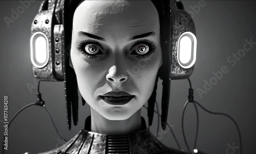 Half robotic half-human creepy woman in black and white footage 