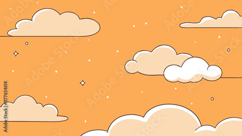 A pastel orange background with faint cloud patterns floating across