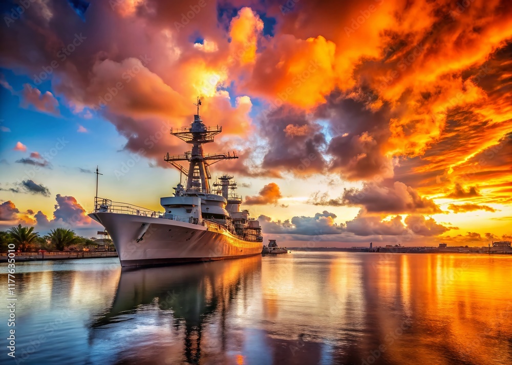 Panoramic View of Ship at Pear Harbor, Historic Naval Vessel at Sunset Panoramic View of Ship at Pear Harbor, Historic Naval Vessel at Sunset
