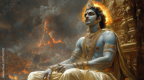 Krishna Imparting Wisdom Amidst Chaos in the Backdrop of Destruction