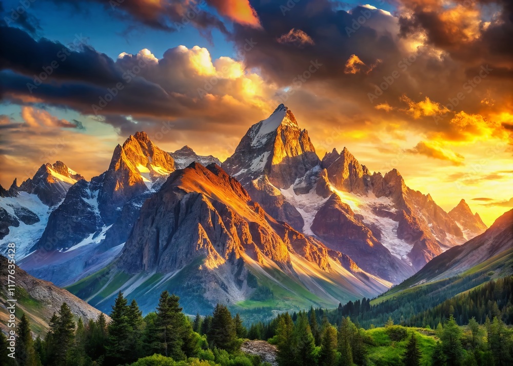 Obraz premium Panoramic View of Two Majestic Mountains, Dramatic Landscape