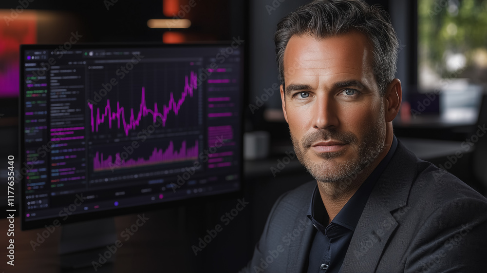 Confident Investor: A successful businessman in a sharp suit gazes intently at a computer screen displaying a vibrant upward trend line. Confident Investor: A successful businessman in a sharp suit gazes intently at a computer screen displaying a vibrant upward trend line.