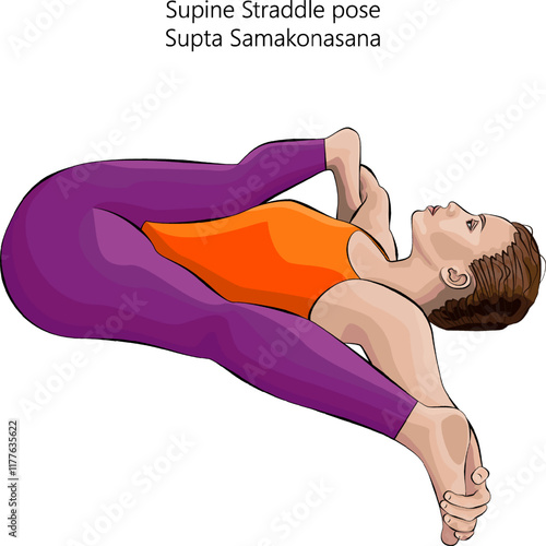 Woman practicing Supta Samakonasana yoga pose. Supine Straddle pose or Reclining Straddle pose.Intermediate Difficulty. Isolated vector illustration.