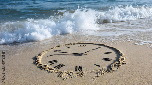 A beach scene with waves washing over a clock drawn in the sand, symbolizing the ephemeral nature of time and its eventual erasure 