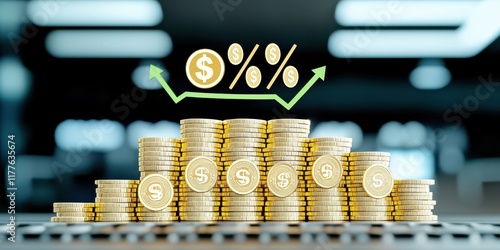 Stacks of Coins with Dollar Symbols and Microfinance Charts