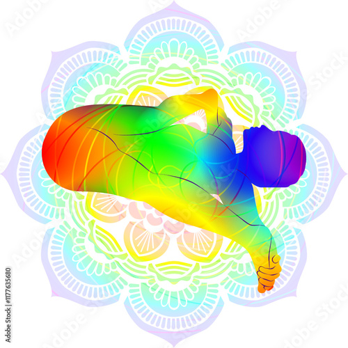 Colorful silhouette of woman practicing Supta Samakonasana yoga pose. Supine Straddle pose or Reclining Straddle pose.Isolated vector illustration