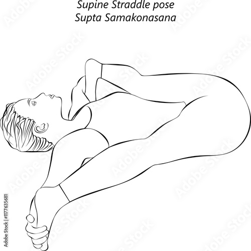 Sketch of young woman practicing Supta Samakonasana yoga pose. Supine Straddle pose or Reclining Straddle pose.Isolated vector illustration.