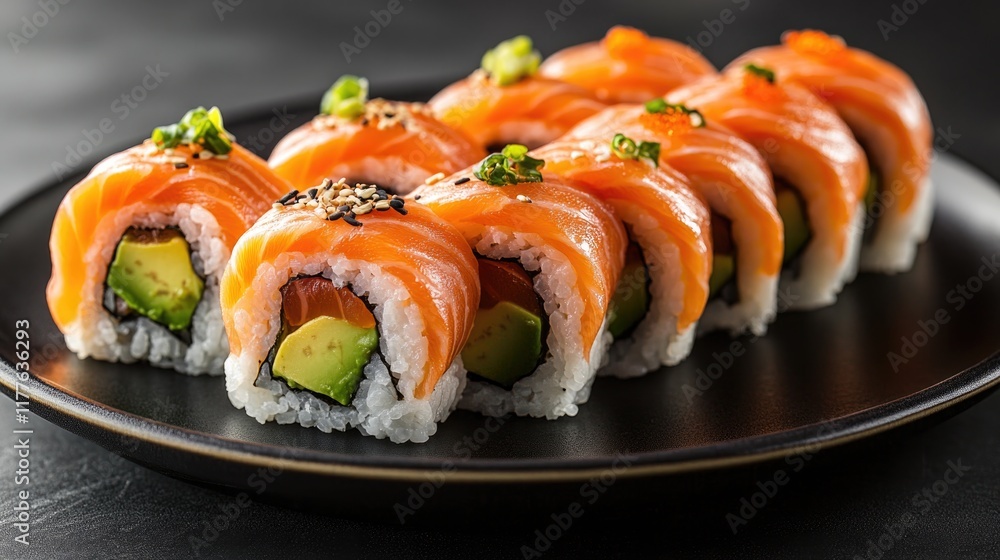 visually striking photo of sushi rolls with fresh salmon and avocado neatly arranged on sleek black plate with ample visually striking photo of sushi rolls with fresh salmon and avocado neatly arranged on sleek black plate with ample