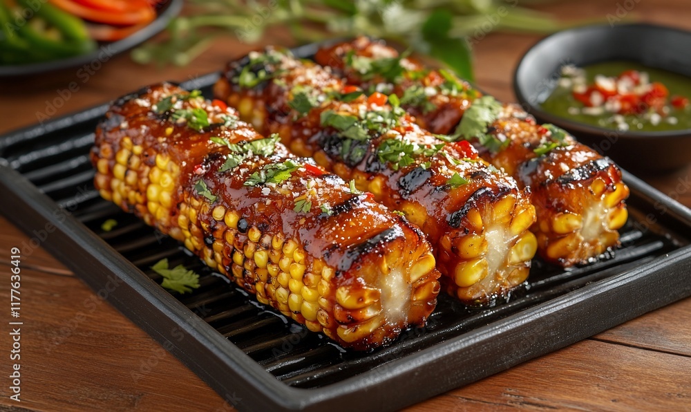 Grilled corn on the cob with sauce, closeup Grilled corn on the cob with sauce, closeup