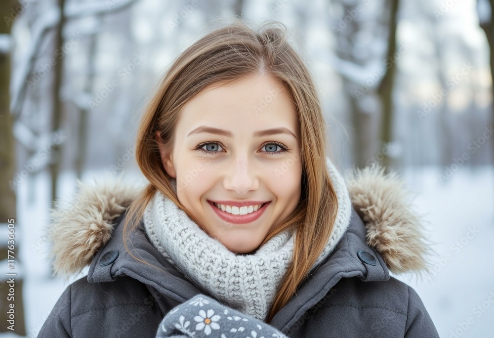 Portrait of a smiling young female in a snowy forest Portrait of a smiling young female in a snowy forest
