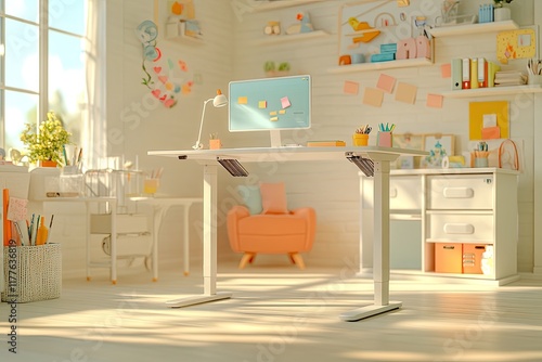 whimsical 3d cartoon render of standing desk with animated legs that adjust themselves set in bright office