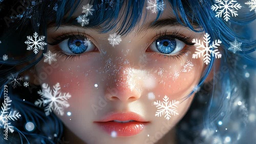 Snowflakes falling on beautiful anime girl face