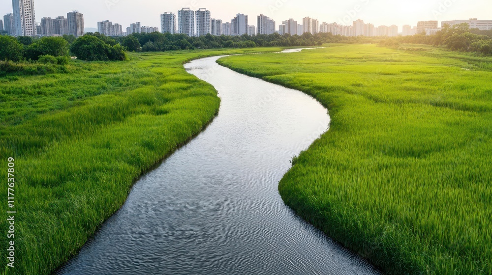 A rewilded river weaving through a city, providing natural cooling and flood prevention, symbolizing harmonious adaptation A rewilded river weaving through a city, providing natural cooling and flood prevention, symbolizing harmonious adaptation