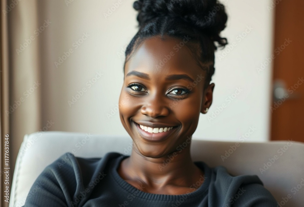 A smiling African American woman with a warm expression A smiling African American woman with a warm expression