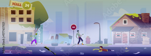 A vector scene with creepy Zombies roaming an abandoned city shrouded in fog.