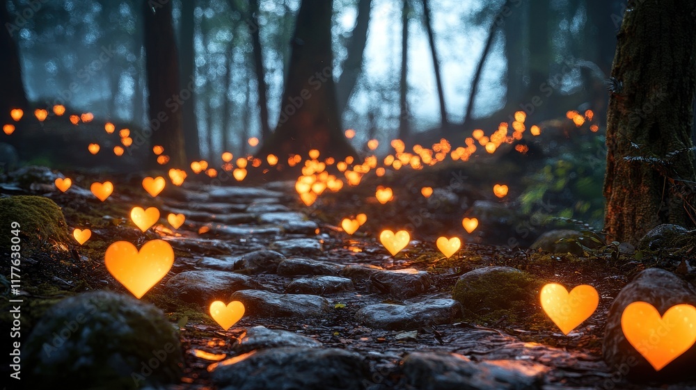 Romantic forest path lined with glowing heart lanterns, enchanting mood, 3D illustration Romantic forest path lined with glowing heart lanterns, enchanting mood, 3D illustration