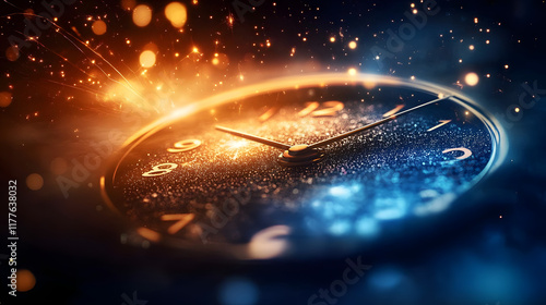 A clock face with its numbers and hands dissolving into a cosmic background of stars and galaxies, emphasizing the abstract and universal nature of time 
