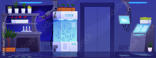 Vector illustration of a secret laboratory in a bunker with biotechnologies in a futuristic style.