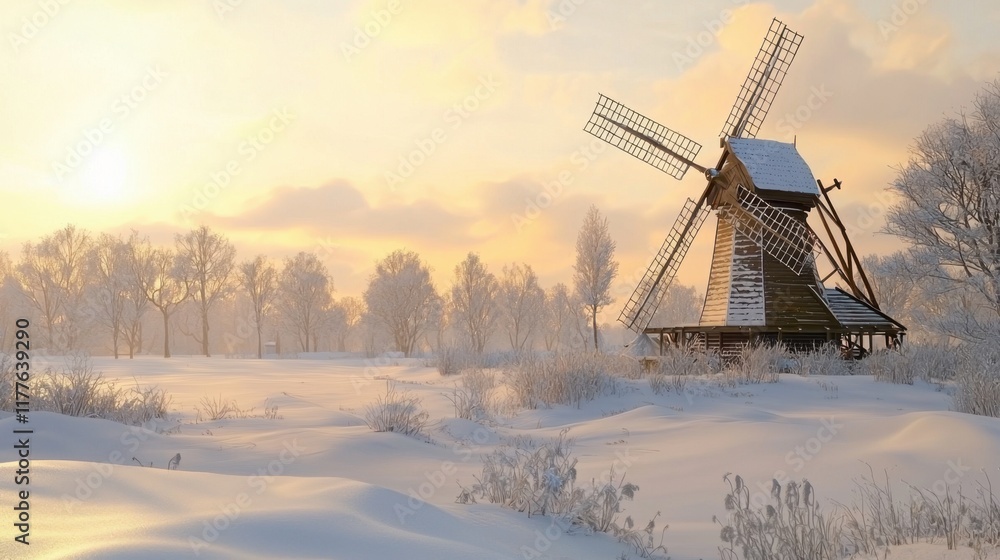 Obraz premium Snow-Covered Windmill in a Serene Winter Landscape at Sunrise, Tranquil Countryside Scene