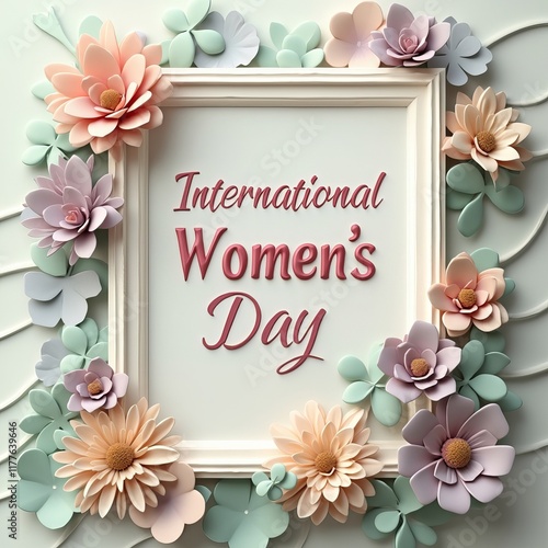 International Women's Day displayed at the center of a white-bordered frame. Surrounding the frame are pastel-colored flowers