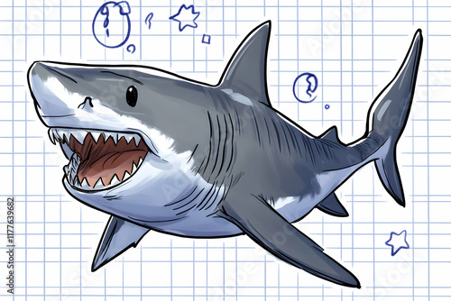 Cute cartoon great white shark illustration on a notebook background. Perfect for children's books, educational materials, or fun designs. photo