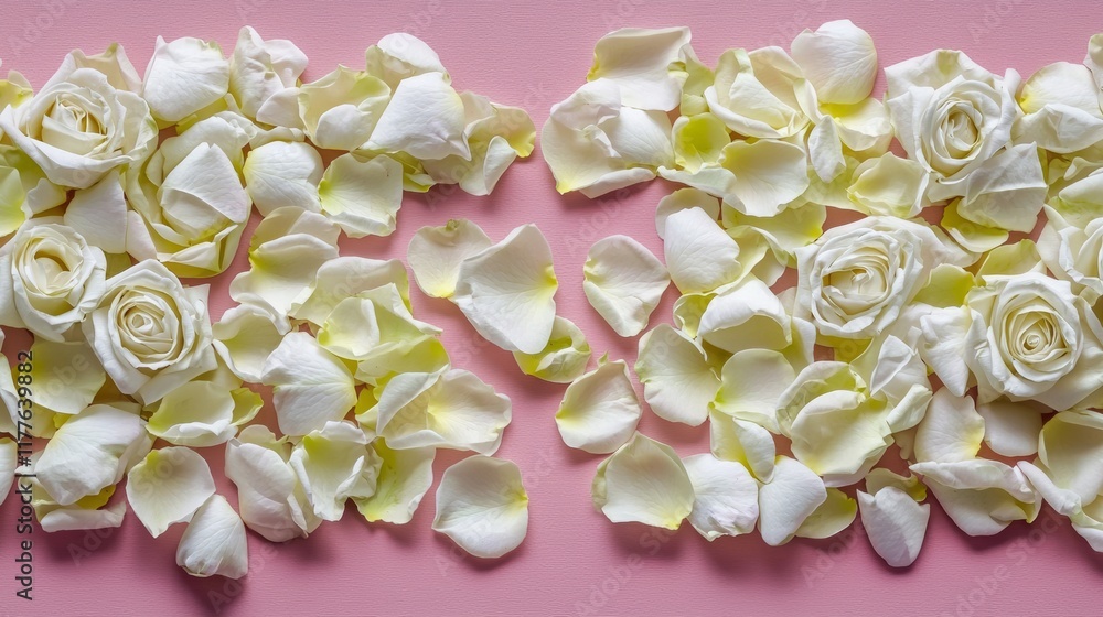 Fototapeta premium Valentine's White Roses and Petals Arrangement on Pink Background Floral Art Romantic Setting Close-Up View Celebration of Love