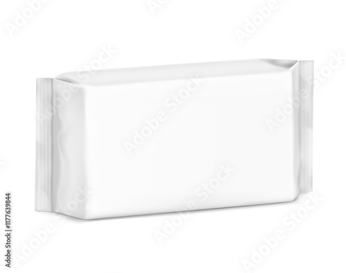 Realistic horizontal flow pack mockup for food. Half side view. Vector illustration isolated on white background. Can be use for your design, promo, adv and etc. EPS10.