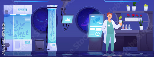 Illustration of a space laboratory with round windows, equipment, plants and a character.