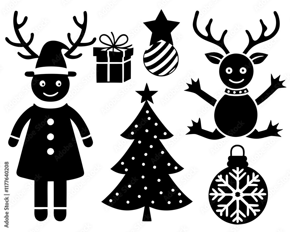 Black and White Christmas Icons – Silhouettes of Festive Holiday Cartoons Black and White Christmas Icons – Silhouettes of Festive Holiday Cartoons