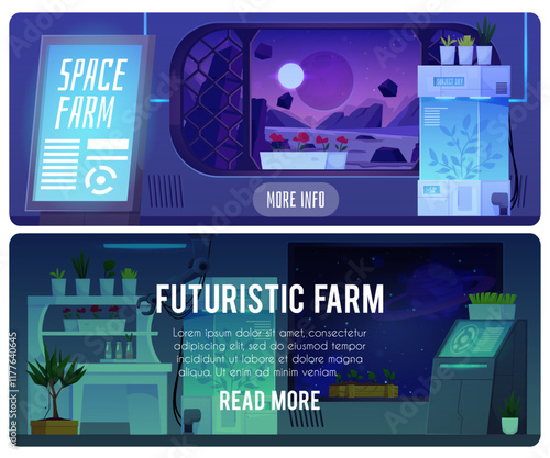 Vector set of illustrations of banners with space farm for growing plants.