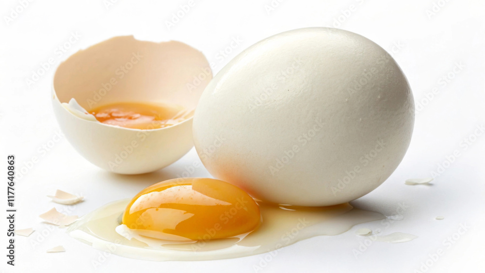 A whole egg and a partially cracked egg with the yolk and egg white spilling out are set against a plain background. The smooth, white shell contrasts with the rich yellow-orange yolk.AI A whole egg and a partially cracked egg with the yolk and egg white spilling out are set against a plain background. The smooth, white shell contrasts with the rich yellow-orange yolk.AI