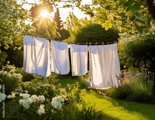 Wallpaper Mural A serene outdoor laundry scene with crisp white sheets drying on a clothesline in a garden. Spring flowers and greenery surround the space, and soft sunlight creates a peaceful and fresh atmosphere. Torontodigital.ca