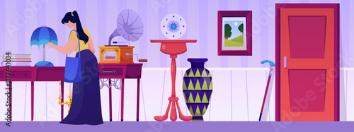 Vector illustration of a character looking at retro goods in an antique shop.
