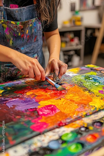 Close-up of an artist's hands mixing bright colors on a palette while wearing an apron in a bright creative studio.