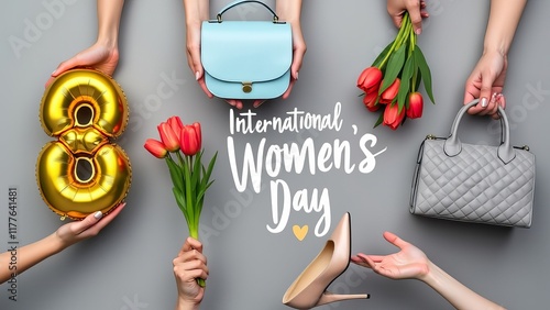 Multiple hands holding gifts—and other thing celebrating International Women's Day