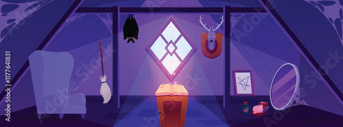 Dark wooden old attic with glowing spiritual book at night, vector cartoon interior of mansard with esoteric occult item