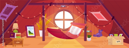 Cozy wooden attic with hammock, garland and window in roof, vector cartoon interior of mansard garret lounge