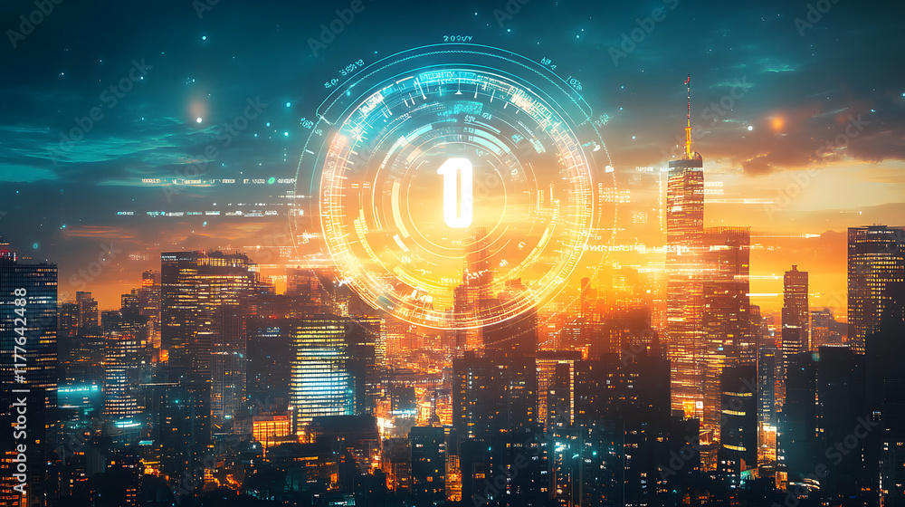 Fototapeta premium A futuristic city skyline with a glowing countdown timer projected into the sky, symbolizing the importance of time in a highly developed society 
