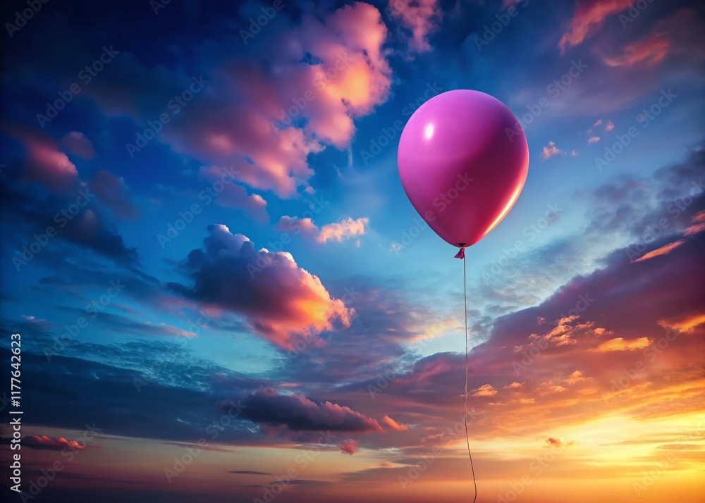 Fototapeta premium Pink Balloon Soaring in Twilight Blue Sky - Low Light Photography Stock Image