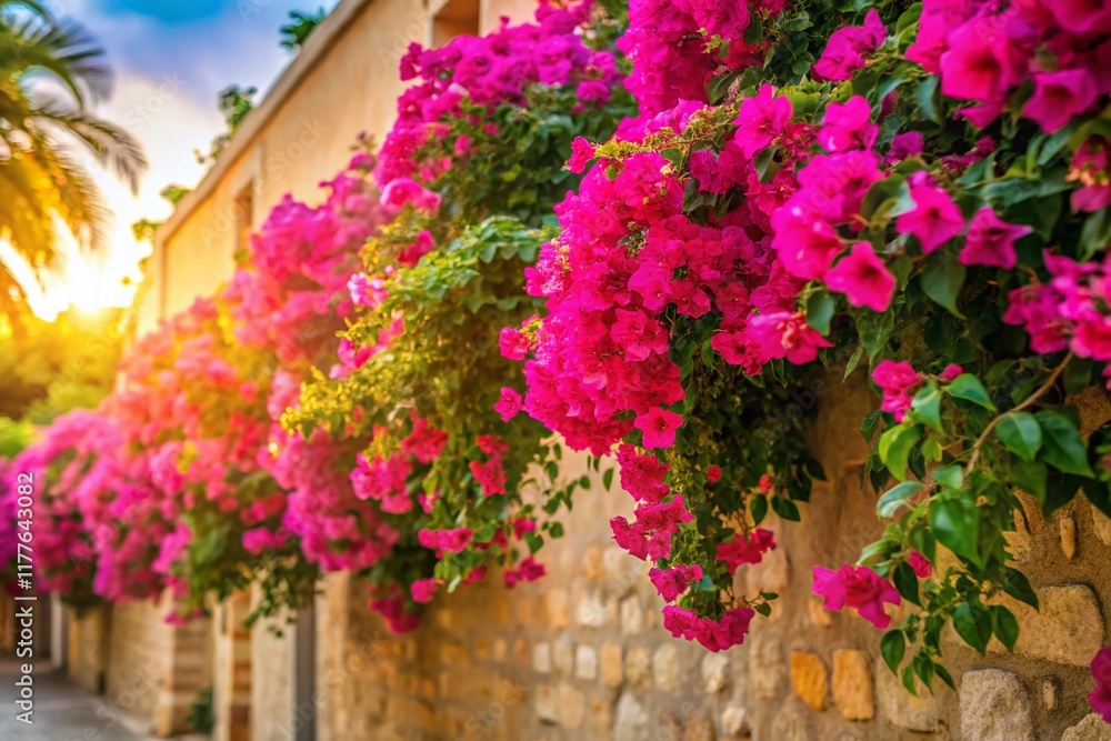 Fototapeta premium Pink Bougainvillea Close-Up, Vibrant Flower Bush on Wall, Lush Green Garden, Morning Sunlight