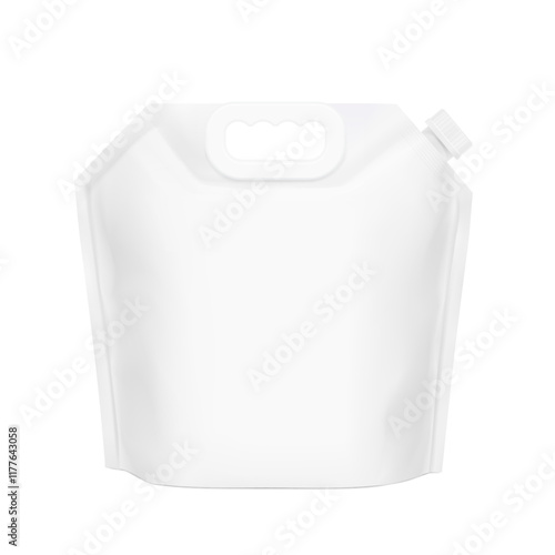 Pouch bag with plastic handle and spout mockup. Vector illustration isolated on white background. Front view. Perfect to make final pack shot your product. EPS10.