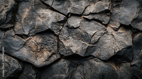 Close up of a rock wall with many different sized rocks. The wall is made of large rocks and has a rough texture. The rocks are scattered all over the wall, creating a sense of depth and dimension photo