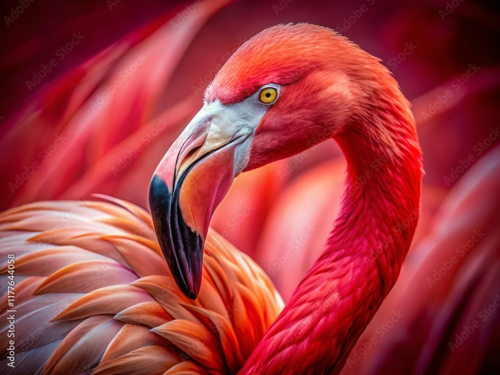 Obraz premium Pink Flamingo Closeup Red Background - Exotic Bird Photography