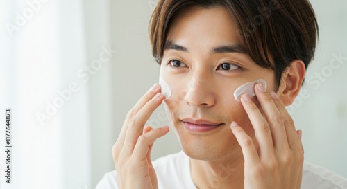 スキンケアをする若い男性｜化粧水と乳液を使う日本人